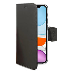 WALLY - Custodia a libro in pelle sintetica con chiusura flap magnetico, slot per carte e funzione stand colore nero compatibile con Apple iPhone 11