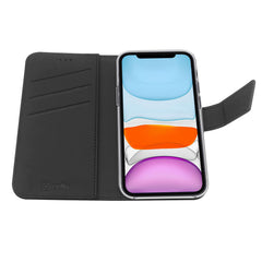 WALLY - Custodia a libro in pelle sintetica con chiusura flap magnetico, slot per carte e funzione stand colore nero compatibile con Apple iPhone 11