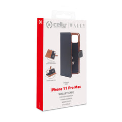WALLY - Custodia a libro in pelle sintetica con chiusura flap magnetico, slot per carte e funzione stand colore nero compatibile con Apple iPhone 11 Pro Max