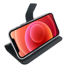 WALLY - Custodia a libro in pelle sintetica con chiusura flap magnetico, slot per carte e funzione stand colore nero compatibile con Apple iPhone 12 Pro/ iPhone 12