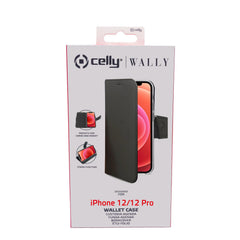 WALLY - Custodia a libro in pelle sintetica con chiusura flap magnetico, slot per carte e funzione stand colore nero compatibile con Apple iPhone 12 Pro/ iPhone 12