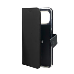 WALLY - Custodia a libro in pelle sintetica con chiusura flap magnetico, slot per carte e funzione stand colore nero compatibile con Apple iPhone 12 Pro Max