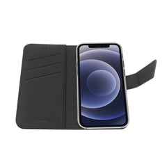 WALLY - Custodia a libro in pelle sintetica con chiusura flap magnetico, slot per carte e funzione stand colore nero compatibile con Apple iPhone 13