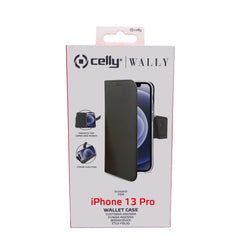 WALLY - Custodia a libro in pelle sintetica con chiusura flap magnetico, slot per carte e funzione stand colore nero compatibile con Apple iPhone 13 Pro