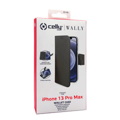 WALLY - Custodia a libro in pelle sintetica con chiusura flap magnetico, slot per carte e funzione stand colore nero compatibile con Apple iPhone 13 Pro Max