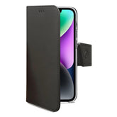 WALLY - Custodia a libro in pelle sintetica con chiusura flap magnetico, slot per carte e funzione stand colore nero compatibile con Apple iPhone 14