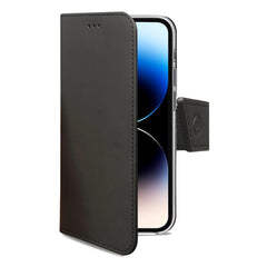 WALLY - Custodia a libro in pelle sintetica con chiusura flap magnetico, slot per carte e funzione stand colore nero compatibile con Apple iPhone 14 Pro