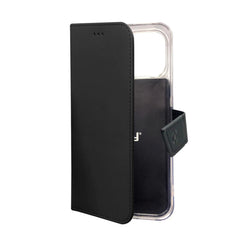 WALLY - Custodia a libro in pelle sintetica con chiusura flap magnetico, slot per carte e funzione stand colore nero compatibile con Apple iPhone 14 Pro