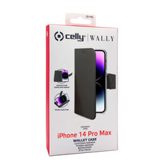 WALLY - Custodia a libro in pelle sintetica con chiusura flap magnetico, slot per carte e funzione stand colore nero compatibile con Apple iPhone 14 Pro Max