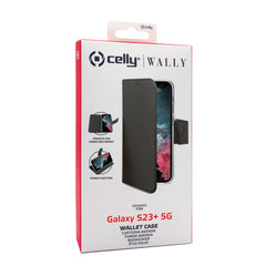 WALLY - Custodia a libro in pelle sintetica con chiusura flap magnetico, slot per carte e funzione stand colore nero compatibile con Samsung Galaxy S23+ 5G