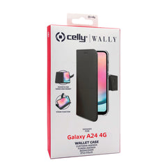 WALLY - Custodia a libro in pelle sintetica con chiusura flap magnetico, slot per carte e funzione stand colore nero compatibile con Samsung Galaxy A24 4G