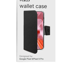 WALLY - Custodia a libro in pelle sintetica con chiusura flap magnetico, slot per carte e funzione stand colore nero compatibile con Google Pixel 9/ Pixel 9 Pro
