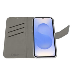 WALLY - Custodia a libro in pelle sintetica con chiusura flap magnetico, slot per carte e funzione stand colore nero compatibile con Samsung Galaxy S25 FE