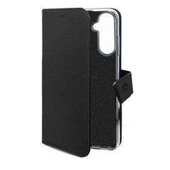 WALLY - Custodia a libro in pelle sintetica con chiusura flap magnetico, slot per carte e funzione stand colore nero compatibile con Samsung Galaxy S25 FE