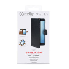 WALLY - Custodia a libro in pelle sintetica con chiusura flap magnetico, slot per carte e funzione stand colore nero compatibile con Samsung Galaxy J5 2016