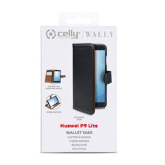 WALLY - Custodia a libro in pelle sintetica con chiusura flap magnetico, slot per carte e funzione stand colore nero compatibile con Huawei P9 Lite