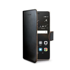 WALLY - Custodia a libro in pelle sintetica con chiusura flap magnetico, slot per carte e funzione stand colore nero compatibile con Huawei P9 Lite