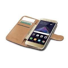 WALLY - Custodia a libro in pelle sintetica con chiusura flap magnetico, slot per carte e funzione stand colore nero compatibile con Huawei P8 Lite 2017