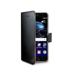 WALLY - Custodia a libro in pelle sintetica con chiusura flap magnetico, slot per carte e funzione stand colore nero compatibile con Huawei P10 Plus
