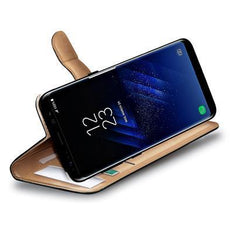 WALLY - Custodia a libro in pelle sintetica con chiusura flap magnetico, slot per carte e funzione stand colore nero compatibile con Samsung Galaxy S8+