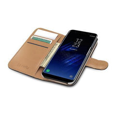 WALLY - Custodia a libro in pelle sintetica con chiusura flap magnetico, slot per carte e funzione stand colore nero compatibile con Samsung Galaxy S8+