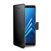 WALLY - Custodia a libro in pelle sintetica con chiusura flap magnetico, slot per carte e funzione stand colore nero compatibile con Samsung Galaxy A8+ 2018
