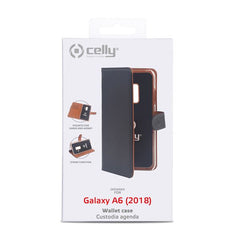 WALLY - Custodia a libro in pelle sintetica con chiusura flap magnetico, slot per carte e funzione stand colore nero compatibile con Samsung Galaxy A6 2018