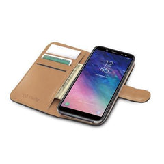 WALLY - Custodia a libro in pelle sintetica con chiusura flap magnetico, slot per carte e funzione stand colore nero compatibile con Samsung Galaxy A6 2018