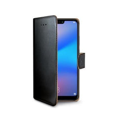 WALLY - Custodia a libro in pelle sintetica con chiusura flap magnetico, slot per carte e funzione stand colore nero compatibile con Huawei P20 Lite