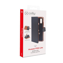 WALLY - Custodia a libro in pelle sintetica con chiusura flap magnetico, slot per carte e funzione stand colore nero compatibile con Huawei P20 Lite