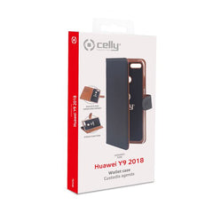 WALLY - Custodia a libro in pelle sintetica con chiusura flap magnetico, slot per carte e funzione stand colore nero compatibile con Huawei Y9 2018