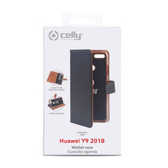 WALLY - Custodia a libro in pelle sintetica con chiusura flap magnetico, slot per carte e funzione stand colore nero compatibile con Huawei Y9 2018