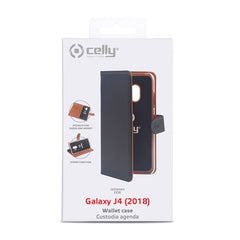 WALLY - Custodia a libro in pelle sintetica con chiusura flap magnetico, slot per carte e funzione stand colore nero compatibile con Samsung Galaxy J4 2018