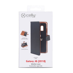 WALLY - Custodia a libro in pelle sintetica con chiusura flap magnetico, slot per carte e funzione stand colore nero compatibile con Samsung Galaxy J6 2018