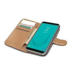 WALLY - Custodia a libro in pelle sintetica con chiusura flap magnetico, slot per carte e funzione stand colore nero compatibile con Samsung Galaxy J6 2018