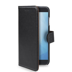 WALLY - Custodia a libro in pelle sintetica con chiusura flap magnetico, slot per carte e funzione stand colore nero compatibile con Samsung Galaxy J8+
