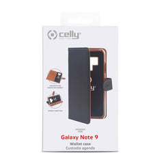 WALLY - Custodia a libro in pelle sintetica con chiusura flap magnetico, slot per carte e funzione stand colore nero compatibile con Samsung Galaxy Note 9