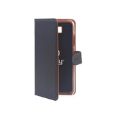 WALLY - Custodia a libro in pelle sintetica con chiusura flap magnetico, slot per carte e funzione stand colore nero compatibile con Samsung Galaxy J4+
