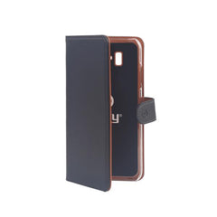 WALLY - Custodia a libro in pelle sintetica con chiusura flap magnetico, slot per carte e funzione stand colore nero compatibile con Samsung Galaxy J6+