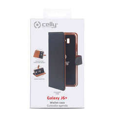 WALLY - Custodia a libro in pelle sintetica con chiusura flap magnetico, slot per carte e funzione stand colore nero compatibile con Samsung Galaxy J6+