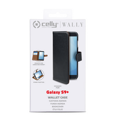 WALLY - Custodia a libro in pelle sintetica con chiusura flap magnetico, slot per carte e funzione stand colore nero compatibile con Samsung Galaxy S9+