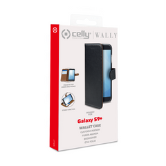 WALLY - Custodia a libro in pelle sintetica con chiusura flap magnetico, slot per carte e funzione stand colore nero compatibile con Samsung Galaxy S9+