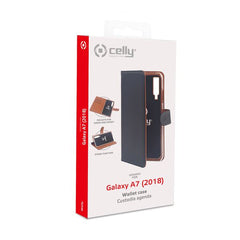 WALLY - Custodia a libro in pelle sintetica con chiusura flap magnetico, slot per carte e funzione stand colore nero compatibile con Samsung Galaxy A7 2018