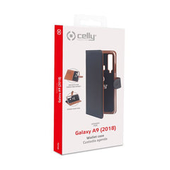 WALLY - Custodia a libro in pelle sintetica con chiusura flap magnetico, slot per carte e funzione stand colore nero compatibile con Samsung Galaxy A9 2018