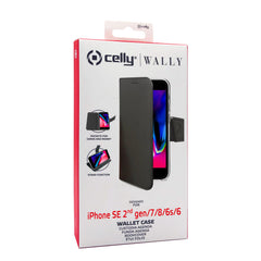 WALLY - Custodia a libro in pelle sintetica con chiusura flap magnetico, slot per carte e funzione stand colore nero per Apple iPhone SE 2022/ iPhone SE 2020/ iPhone 8/ 7/ 6s/ 6