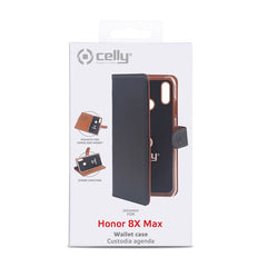 WALLY - Custodia a libro in pelle sintetica con chiusura flap magnetico, slot per carte e funzione stand colore nero compatibile con Honor 8X Max