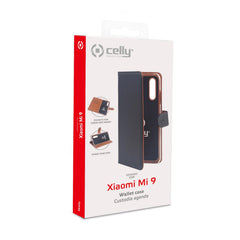 WALLY - Custodia a libro in pelle sintetica con chiusura flap magnetico, slot per carte e funzione stand colore nero compatibile con Xiaomi MI 9