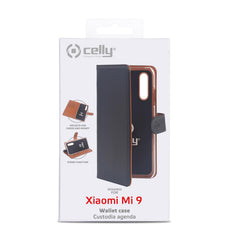 WALLY - Custodia a libro in pelle sintetica con chiusura flap magnetico, slot per carte e funzione stand colore nero compatibile con Xiaomi MI 9