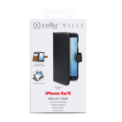 WALLY - Custodia a libro in pelle sintetica con chiusura flap magnetico, slot per carte e funzione stand colore nero compatibile con Apple iPhone Xs / iPhone X