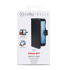 WALLY - Custodia a libro in pelle sintetica con chiusura flap magnetico, slot per carte e funzione stand colore nero compatibile con Samsung Galaxy A41